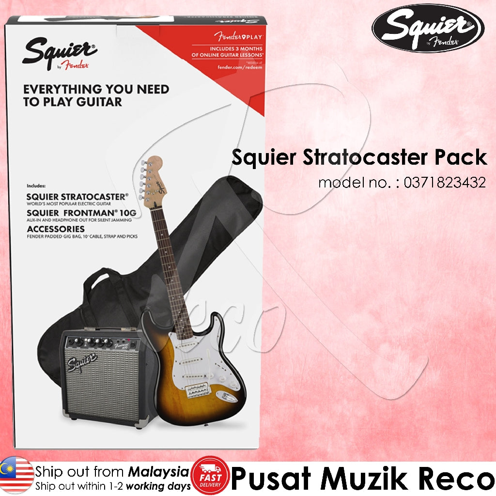 Squier Stratocaster Electric Guitar Pack, with 2-Year Warranty, Brown  Sunburst, with Gig Bag, Frontman 10G, and accessories