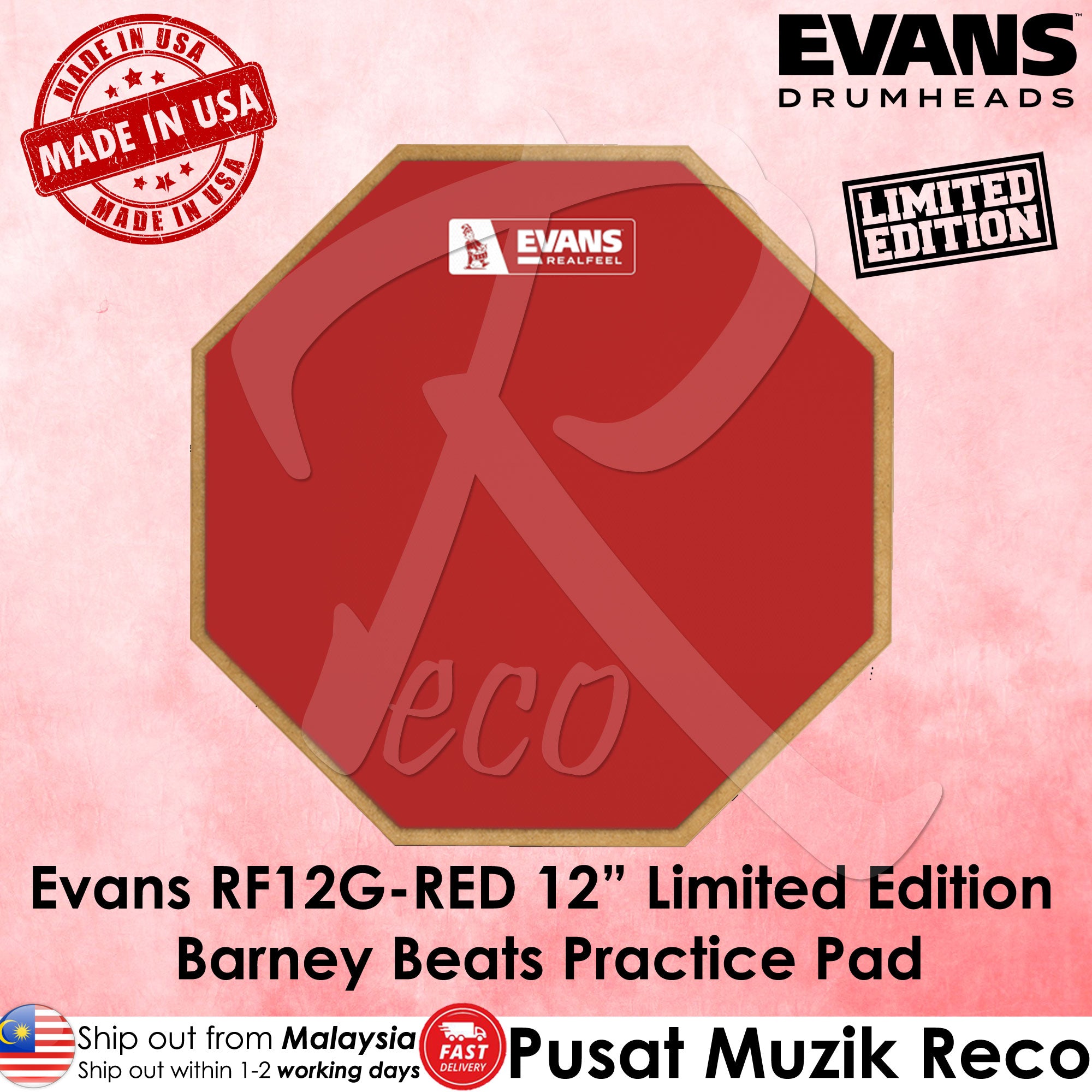 Evans RF12G Red 12in Limited Edition Barney Beats Drum Practice