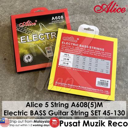 *Alice A608(5) Medium 5-String Nickel Alloy Electric BASS Guitar String SET (45-130) - Reco Music Malaysia