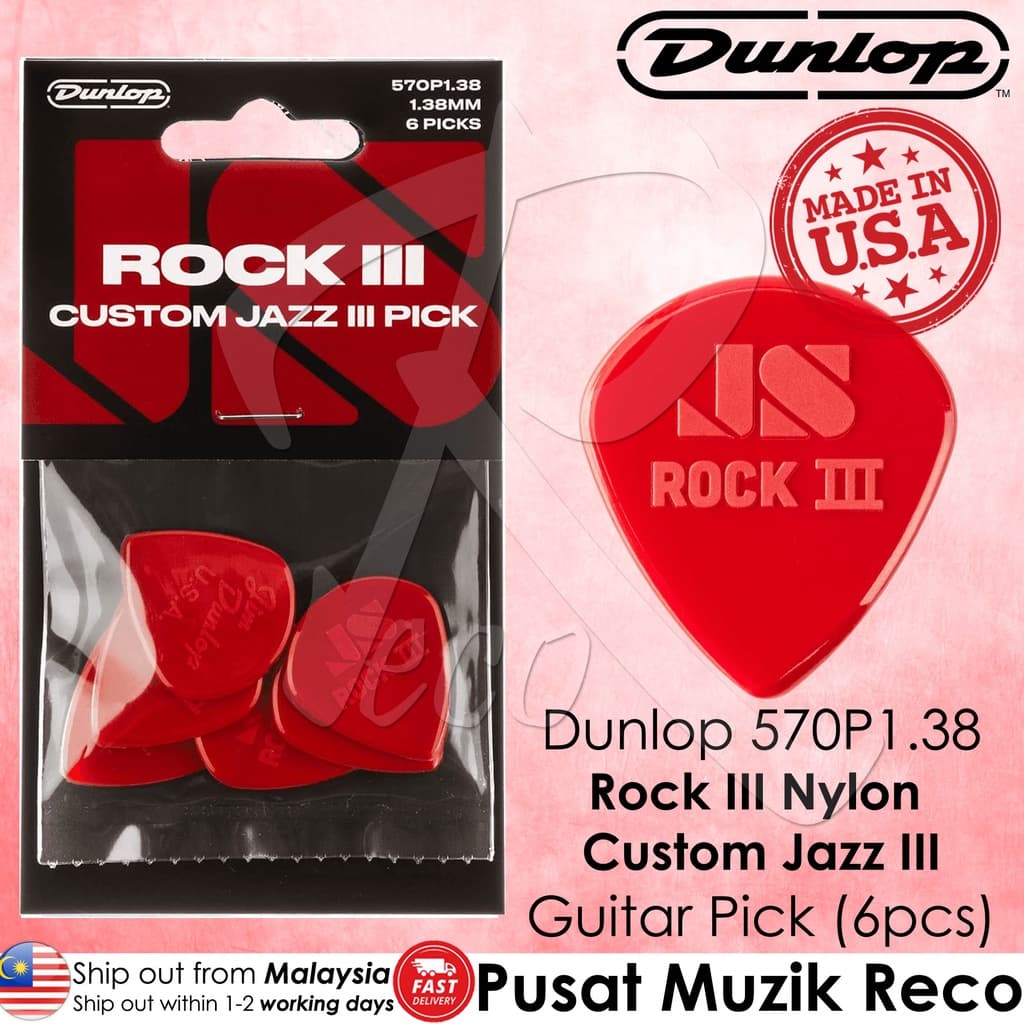 *Jim Dunlop 570P1.38 Rock III Nylon Custom Jazz III Guitar Picks - Reco Music Malaysia