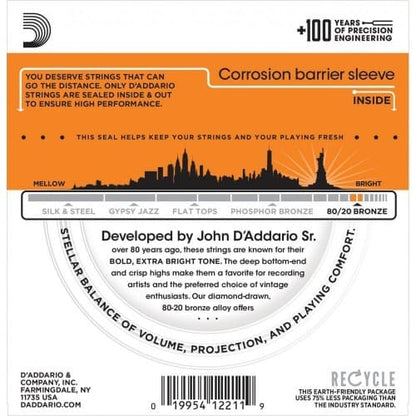 *D'Addario EJ10 80/20 Bronze Acoustic Guitar Strings, Extra Light, 10-47 - Reco Music Malaysia