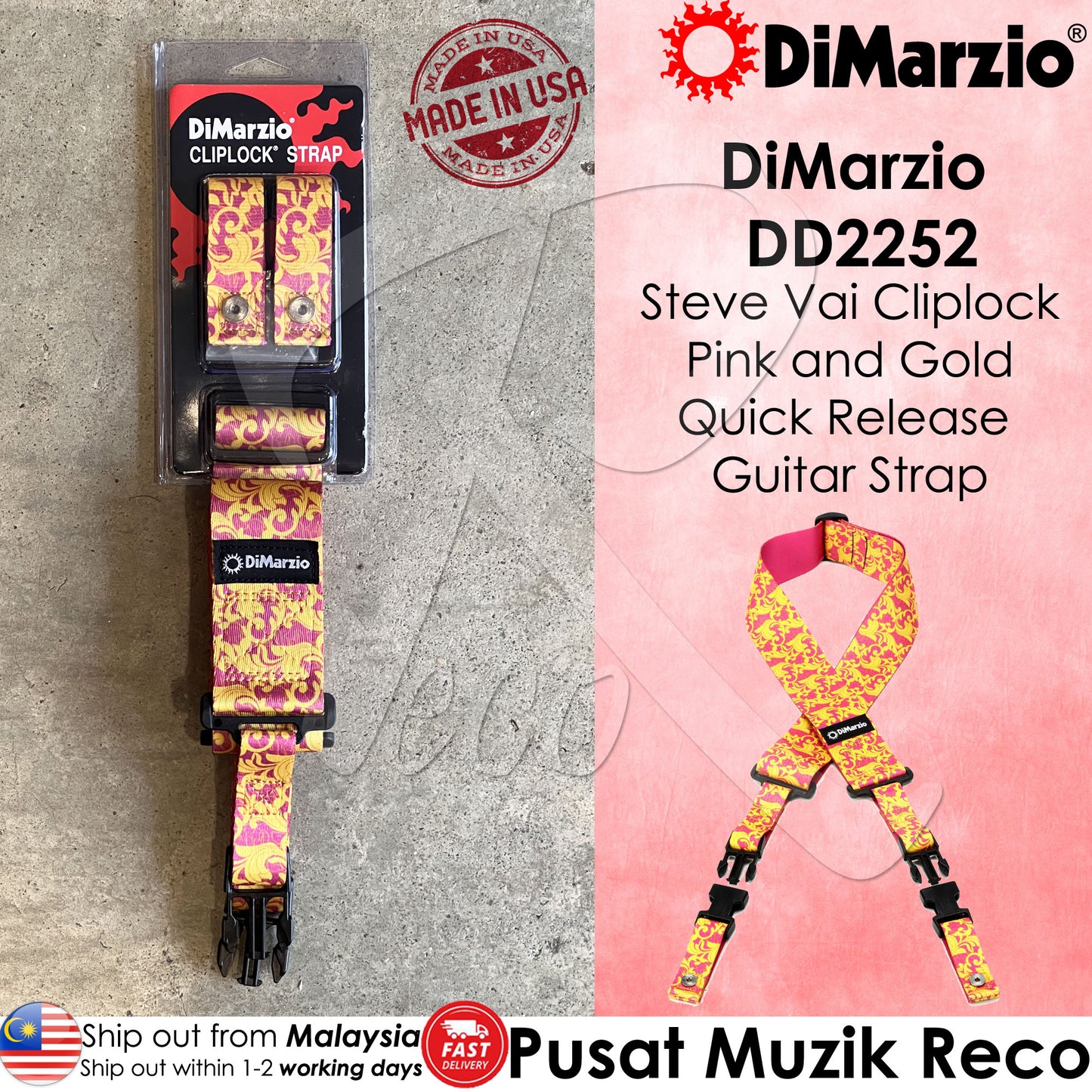 DiMarzio DD2252 Steve Vai UtoPIA Pink & Gold ClipLock Guitar Strap