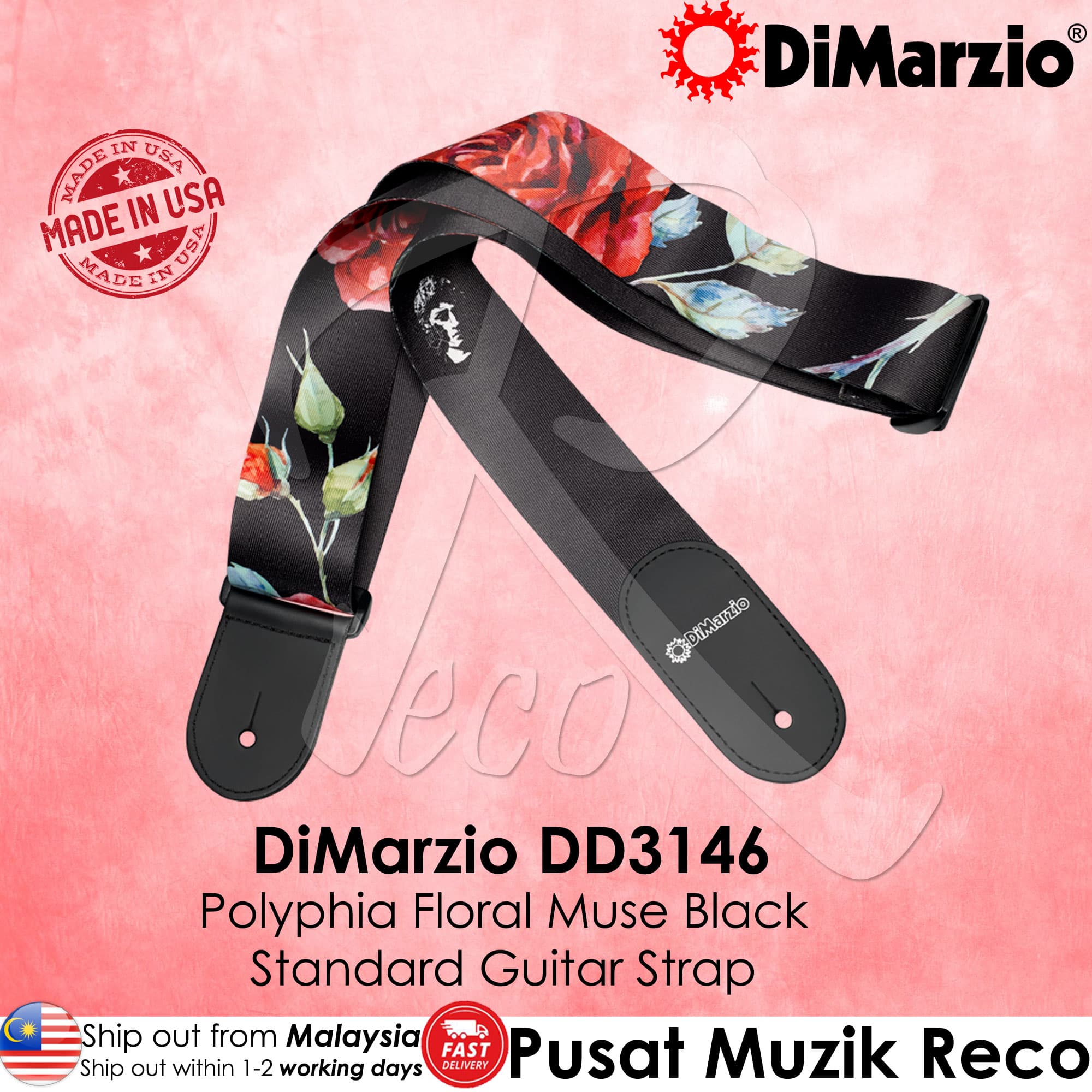 DiMarzio DD3146 2 Polyphia Floral Muse Black Guitar Strap Reco Music Malaysia