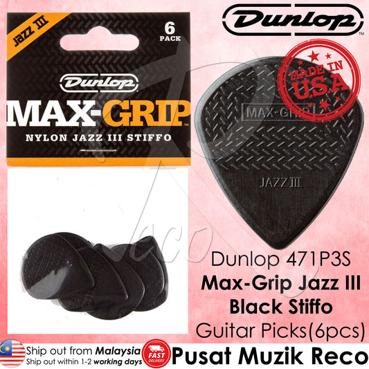 Dunlop 471P3S Black Stiffo Max Grip Jazz III Guitar Pick 1.38mm Guitar Picks Player Pack, 6pcs/Pack