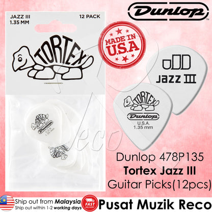 Dunlop 478P135 Tortex Jazz III 1.35mm Guitar Picks Player Pack, 12pcs/Pack