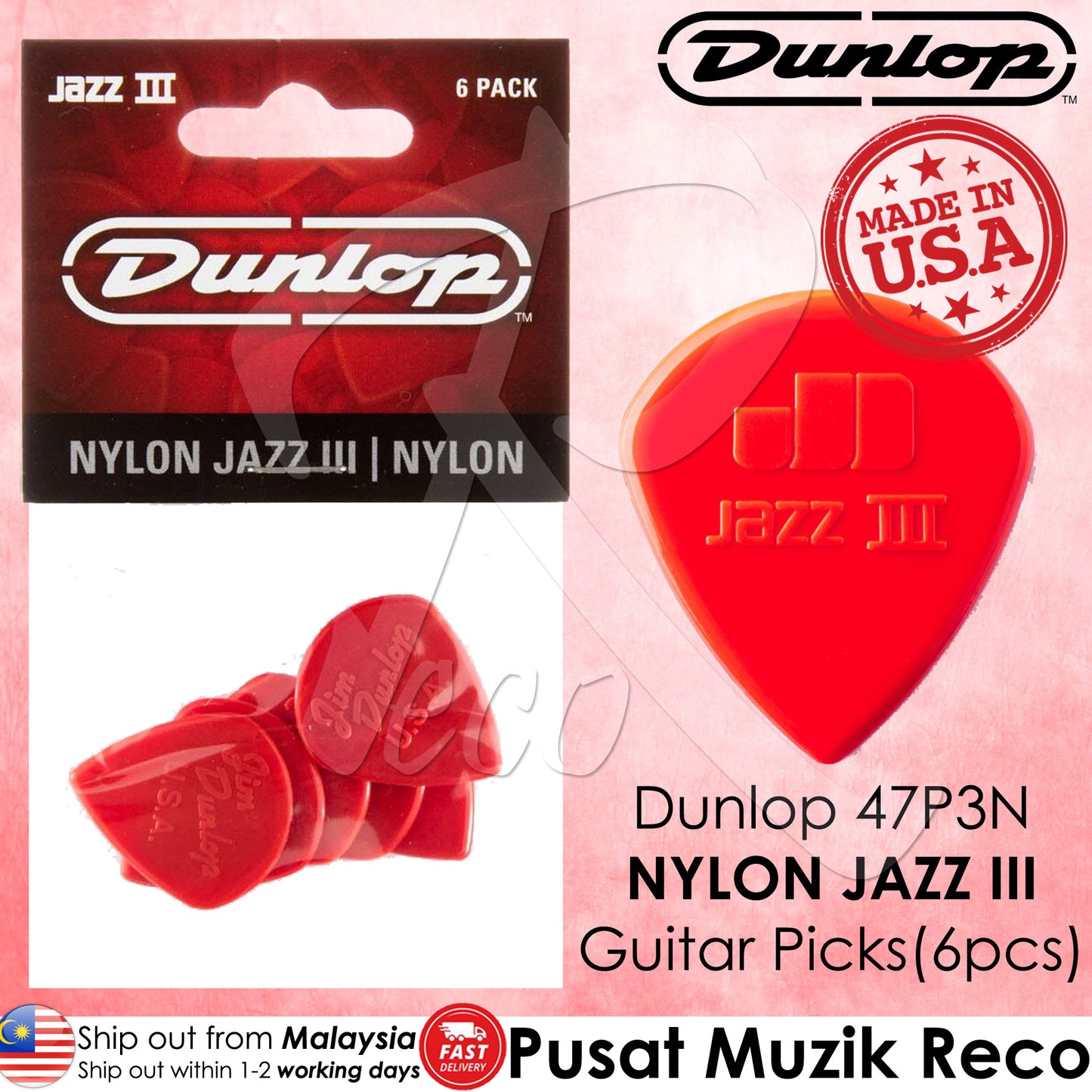 Jim Dunlop 47P3N Nylon Jazz III 1.38mm Guitar Picks Player Pack, 6pcs/Pack