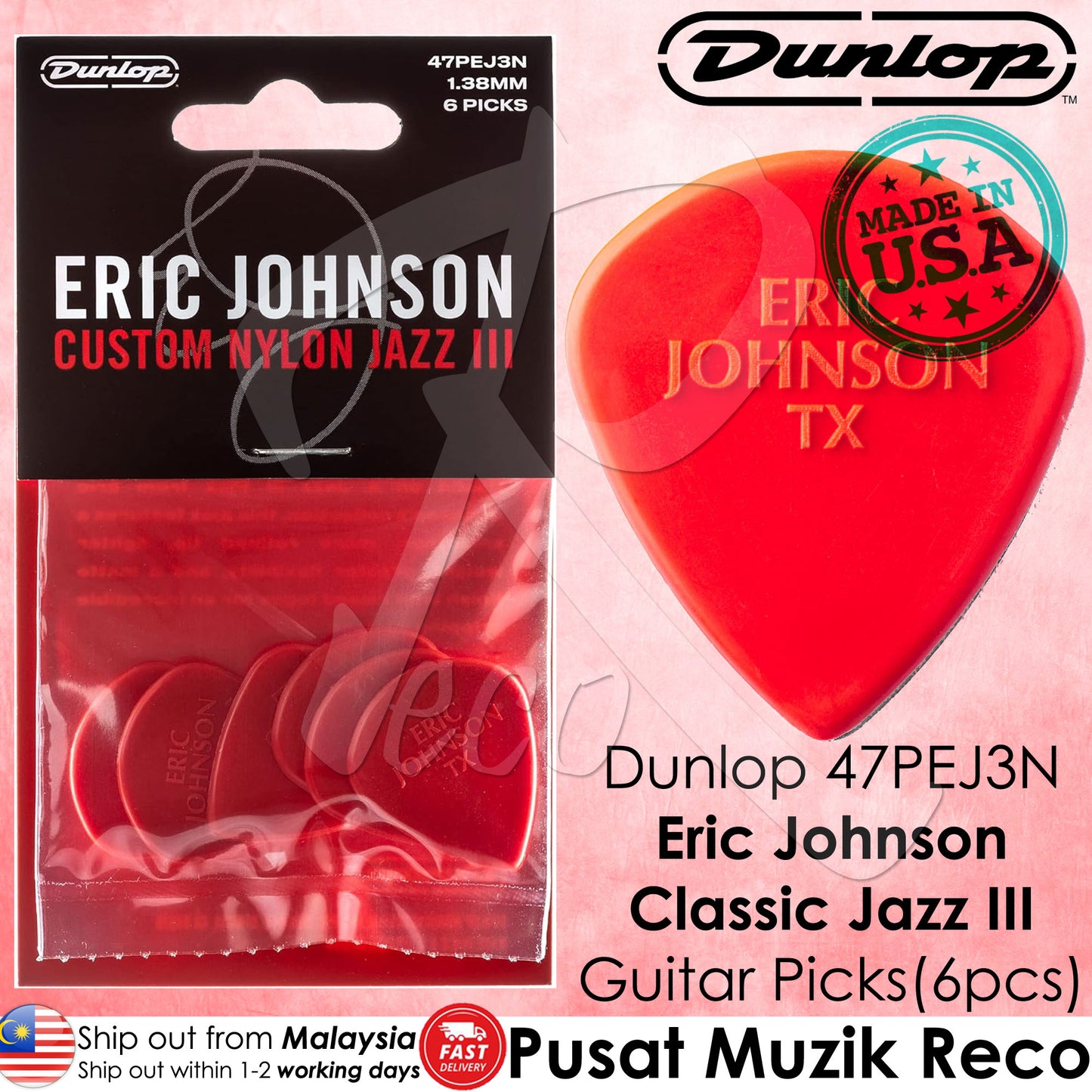 Dunlop 47PEJ3N Eric Johnson Classic Jazz III 1.38mm Guitar Picks Player Pack, 6pcs/Pack