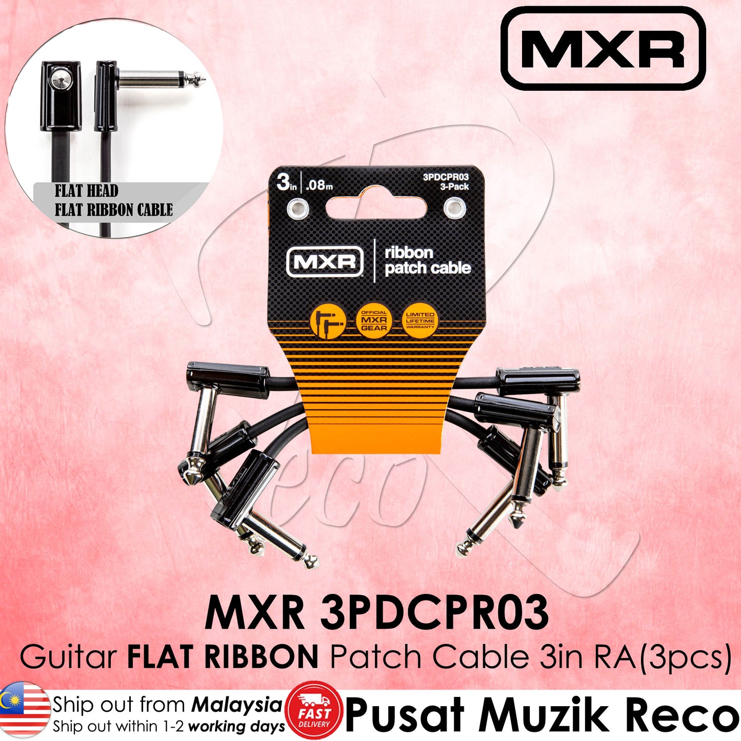 Jim Dunlop MXR 3PDCPR03 3in FLAT RIBBON Guitar Effect Patch Cable Pack of 3pcs