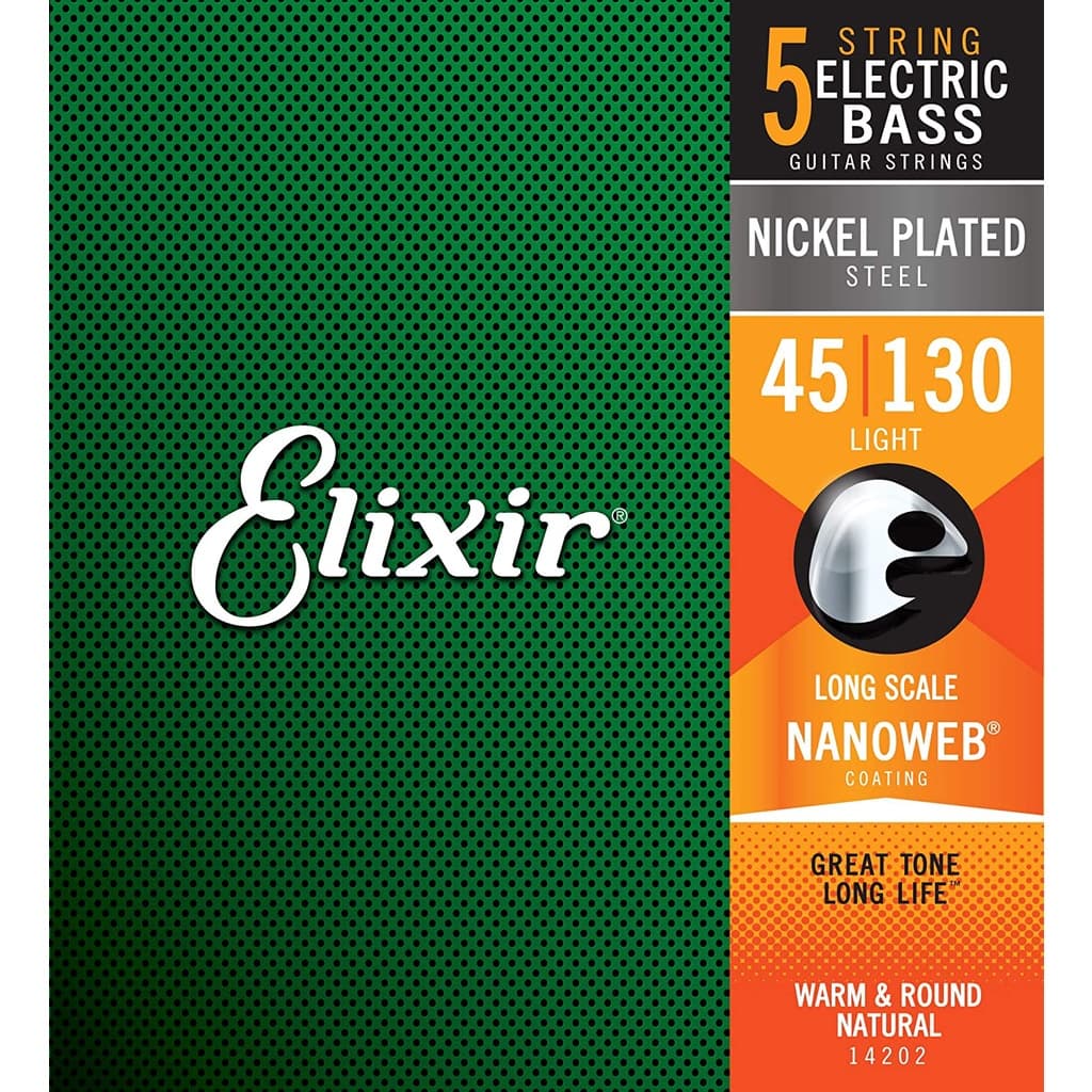 *Elixir String 14202 NANOWEB Coated Nickel Plated Steel 5-String Bass Guitar Strings, Light Gauge, 45-130 - Reco Music Malaysia