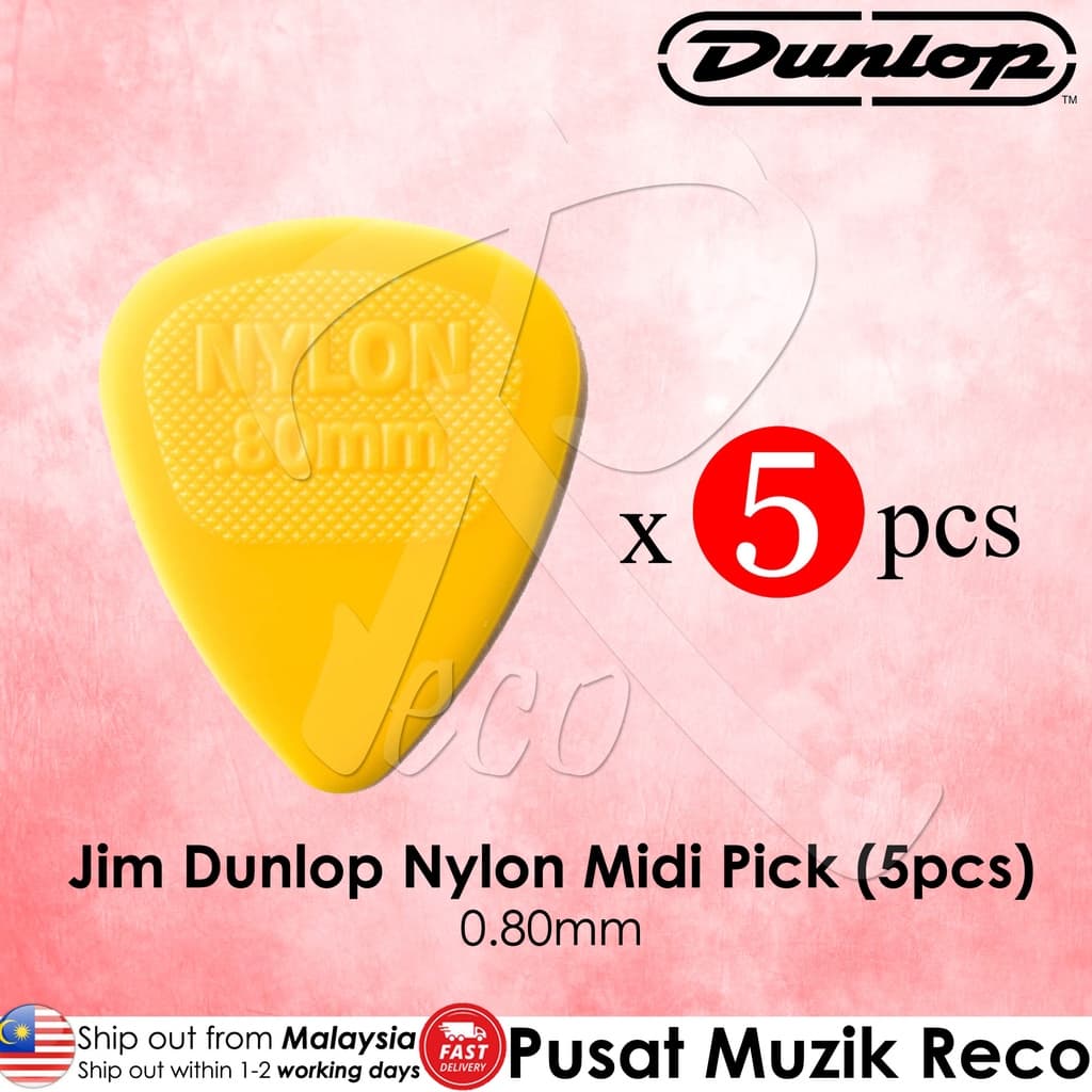 Jim Dunlop 443R.80 Nylon Midi Guitar Pick 0.80mm Yellow (5pcs) Malaysia - Reco Music Malaysia