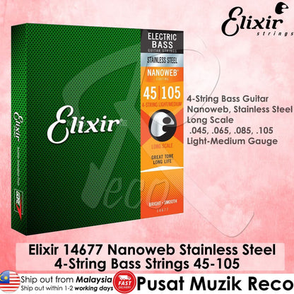 *Elixir 14677 Nanoweb Stainless Steel 4 String Electric Bass Strings 45-105 - Reco Music Malaysia