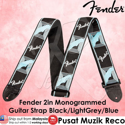 *Fender 0990681502 2" Monogrammed Guitar Strap, Black/Light Gray/Blue - Reco Music Malaysia