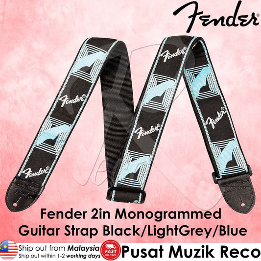 *Fender 0990681502 2" Monogrammed Guitar Strap, Black/Light Gray/Blue - Reco Music Malaysia