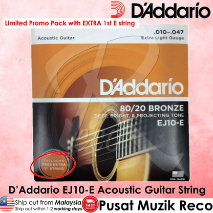 *D'Addario EJ10 80/20 Bronze Acoustic Guitar Strings, Extra Light, 10-47 - Reco Music Malaysia