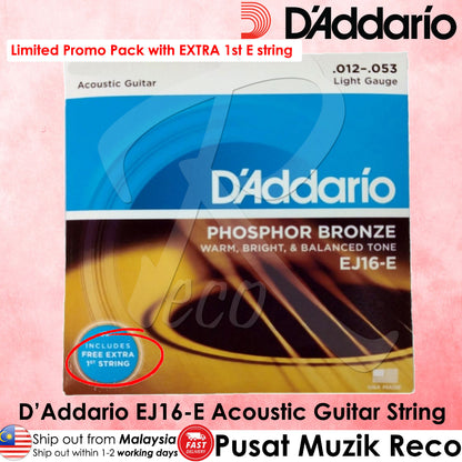 *D'Addario EJ16 Phosphor Bronze Acoustic Strings, 12-53 Light - Reco Music Malaysia