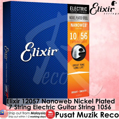 Elixir 12057 Nanoweb Coated Electric Nickel Plated Steel Guitar Strings 7-String Light 1056