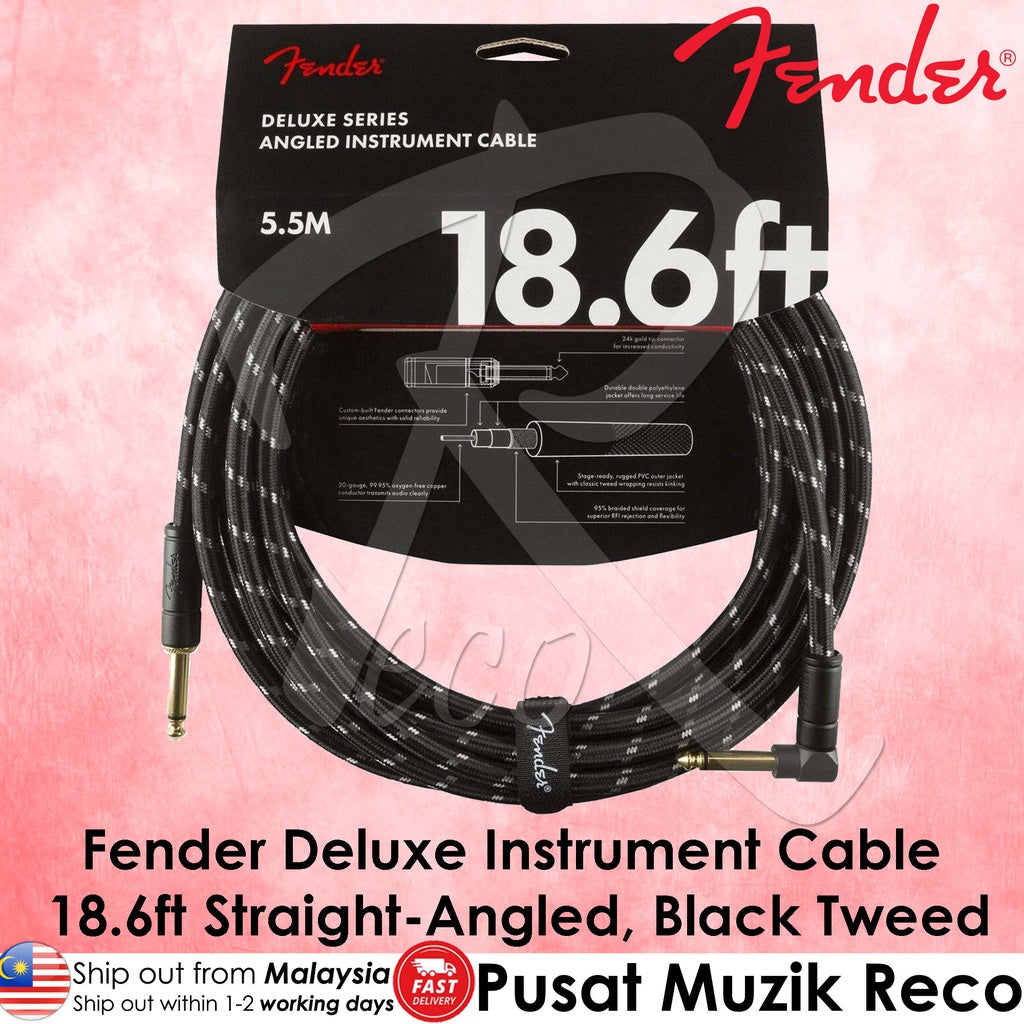 Fender 0990820079 Deluxe Series Angled 18.6ft Black TWEED Instrument Guitar Cable - Reco Music Malaysia