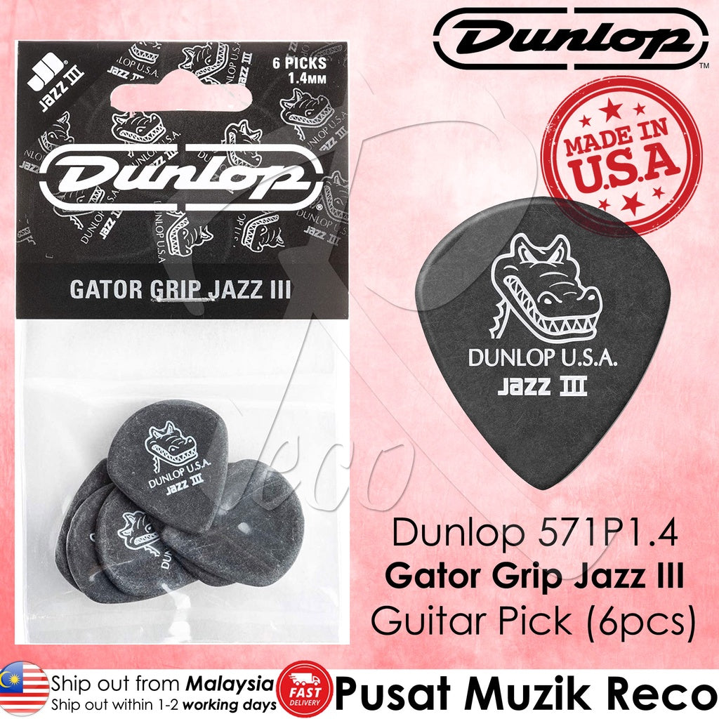 Jim Dunlop 571P140 Gator Grip Jazz III Guitar Picks Pack 1.4MM 6-Pack - Reco Music Malaysia