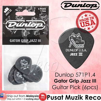 Jim Dunlop 571P140 Gator Grip Jazz III Guitar Picks Pack 1.4MM 6-Pack - Reco Music Malaysia