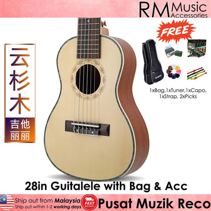 RM 28in 6 String Guitalele with Padded Bag & Acc Nylon String - Light Brown - Reco Music Malaysia