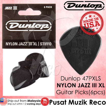 Dunlop 47PXLS NYLON Jazz III XL Black Stiffo Guitar Picks (6pcs) | Reco Music Malaysia