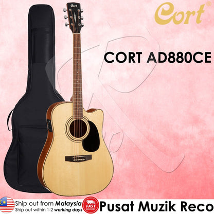 Cort AD880CE NS Cutaway Dreadnought Standard Acoustic Guitar With Bag, Natural Satin - Reco Music Malaysia