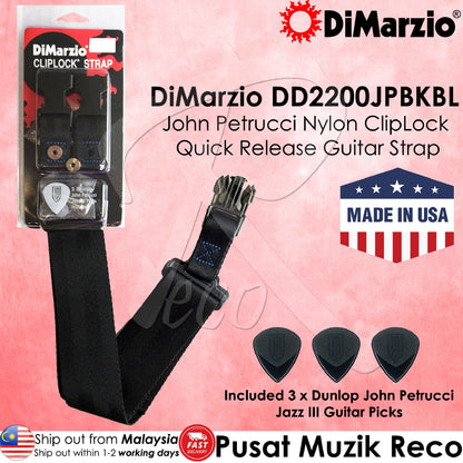 DiMarzio DD2200JPBKBL John Petrucci 2 Inch Nylon ClipLock Quick Release Guitar Strap - Blue | Reco Music Malaysia