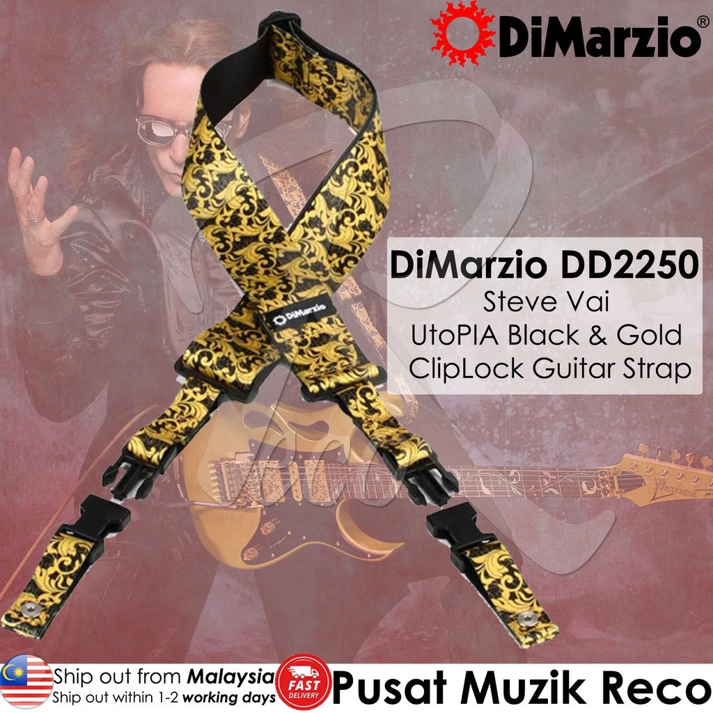 DiMarzio DD2250 Steve Vai ClipLock Quick Release Guitar Strap, UtoPIA Black & Gold - Reco Music Malaysia