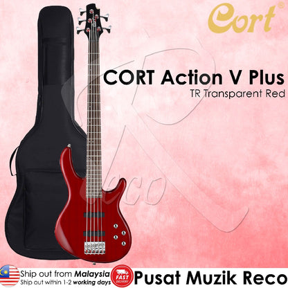 Cort ActionV+ Action V Plus TR Transparent Red 5 String Bass Guitar with Bag - Reco Music Malaysia