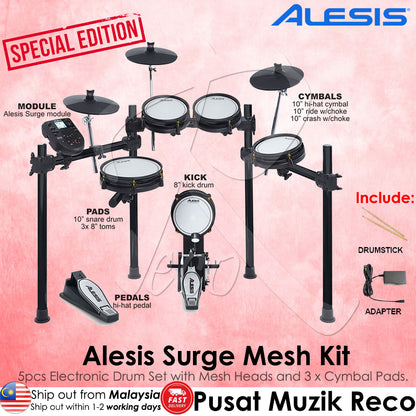 Alesis Surge Mesh Special Edition Electronic Drum Kit Eight-Piece Electronic Drum Kit with Mesh Heads - Reco Music Malaysia