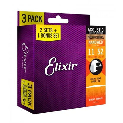 Elixir 16544 Nanoweb Phosphor Bronze Acoustic Guitar String 1152 Custom Light , 3 Pack - Reco Music Malaysia