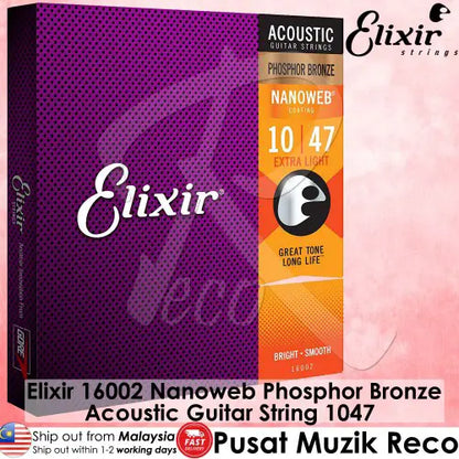 *Elixir 16002 Nanoweb Phosphor Bronze Acoustic Guitar String 1047 Extra Light - Reco Music Malaysia